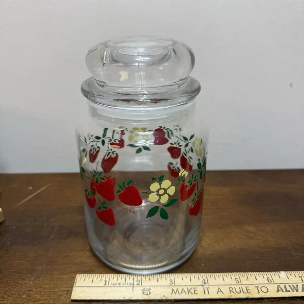 VTG Strawberry Blossom Glass Storage Jar Lid Anchor Hocking 80s Cottagecore 7in